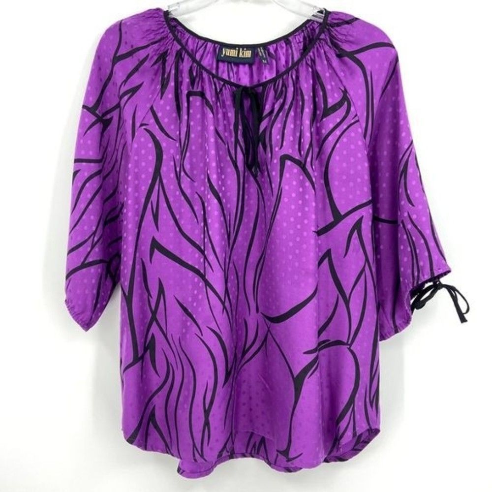 Yumi Kim 100% Silk Black & Purple Print Top Medium